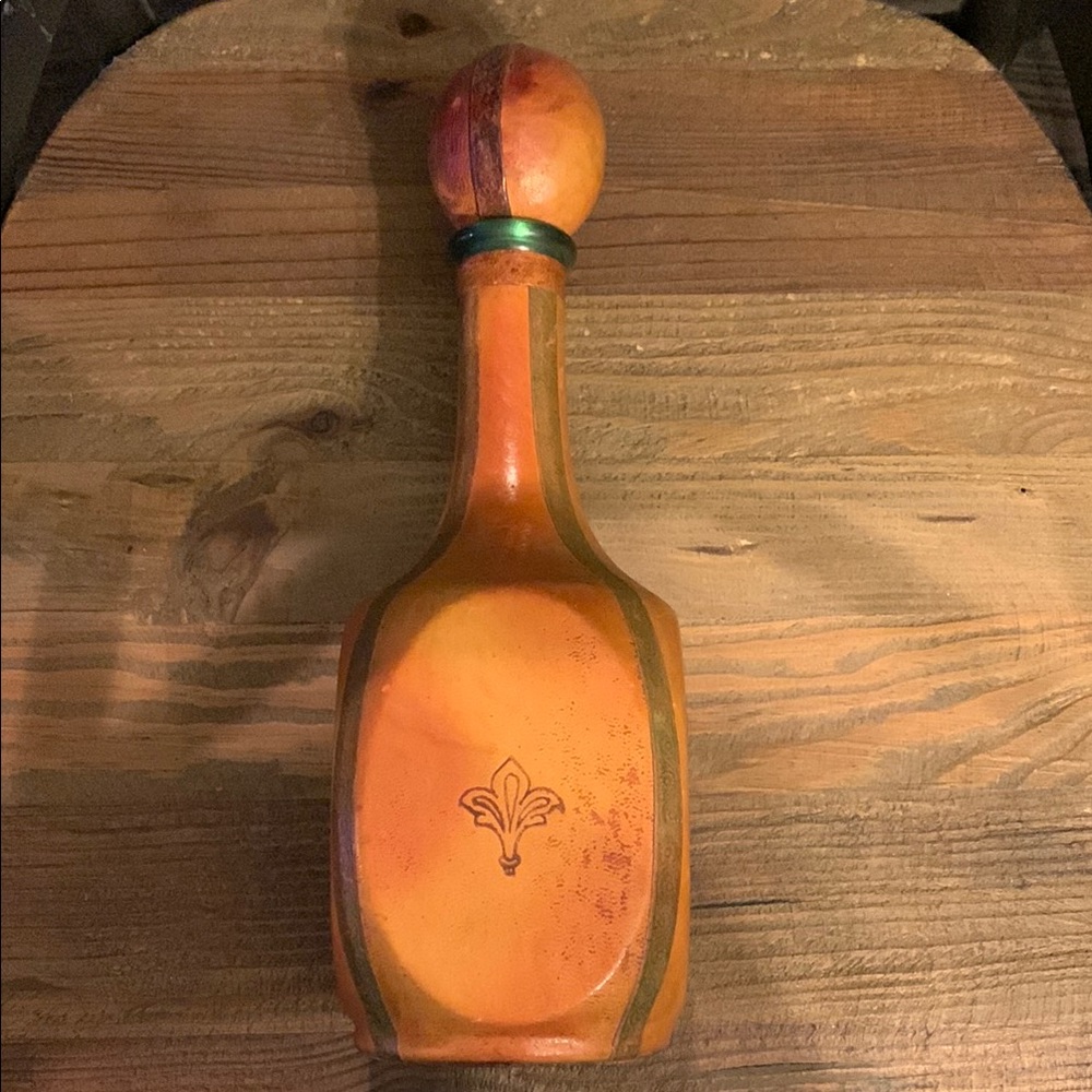 Vintage Leather Decorative Bottle with Fleur-de-Lis - Picture 2 of 6